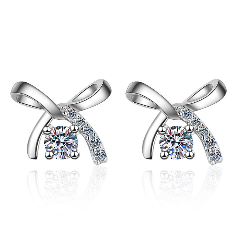 Bow Design 10K Solid White Gold Stud Earrings