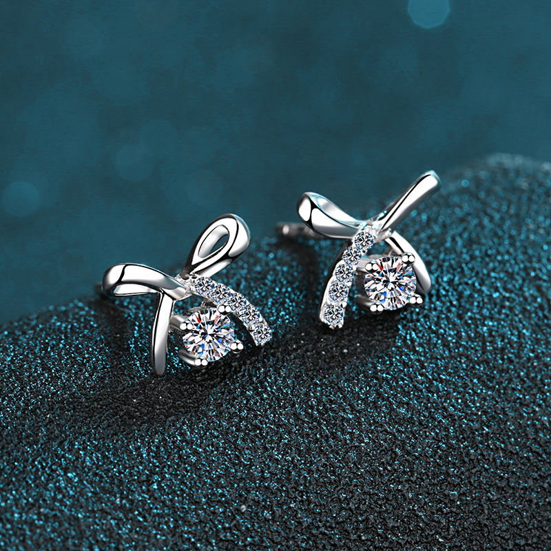 Bow Design 10K Solid White Gold Stud Earrings